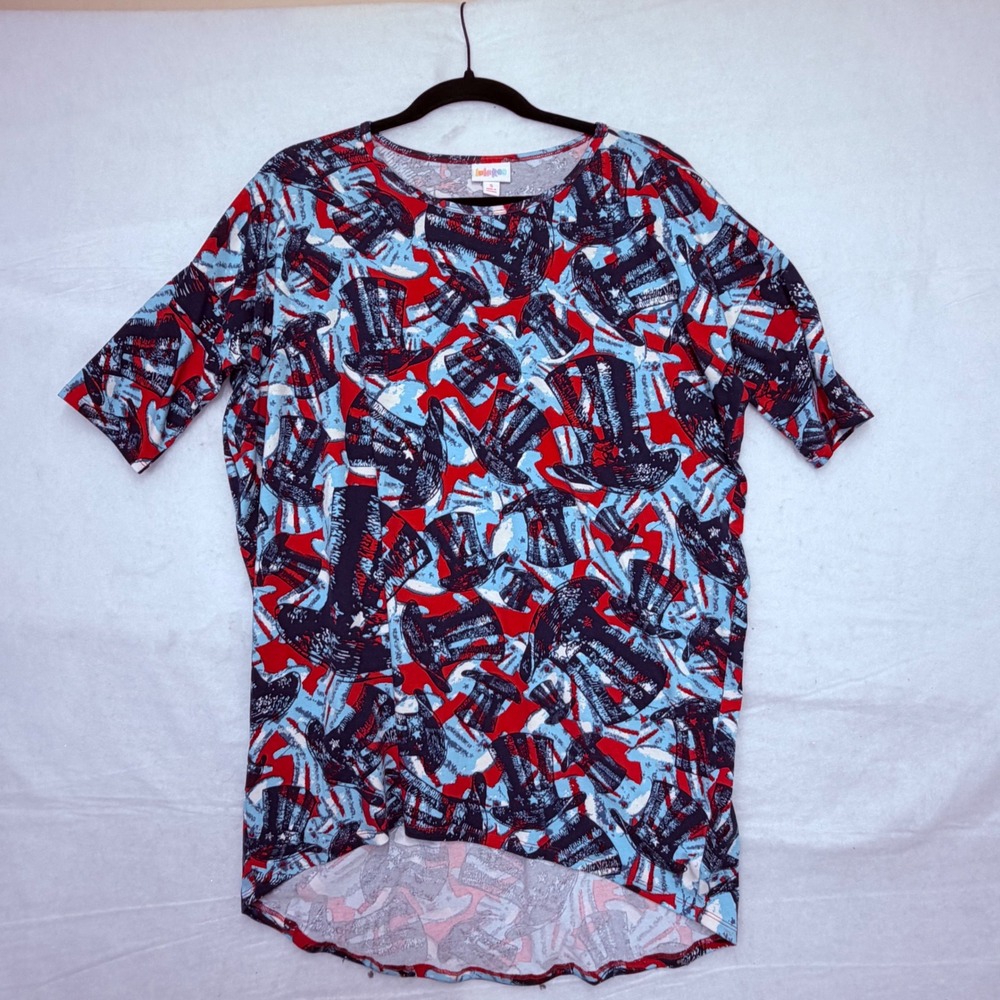 LuLaRoe Irma Tunic Top Womens Small Americana Uncle Sam Hat Red White Blue Print